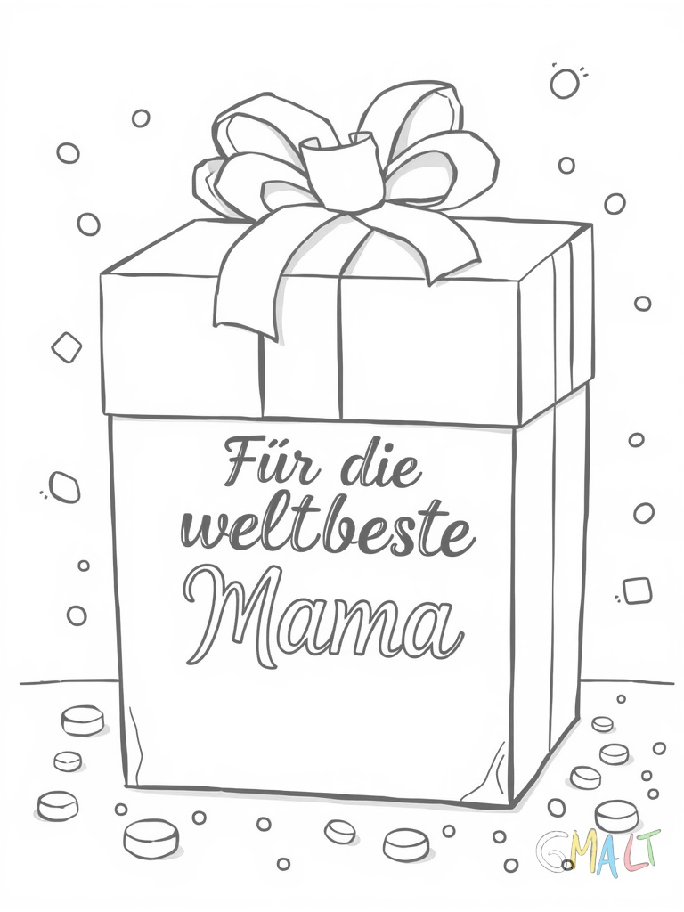 Ein großer Geschenkkarton mit Schleife steht zentral im Bild. Auf dem Karton steht 'Für die weltbeste Mama'. Kleine fliegende Konfetti umgeben die Box.