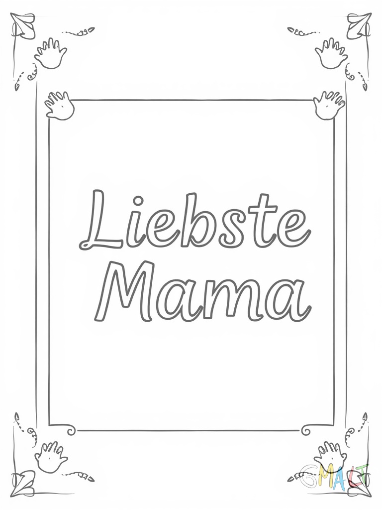 Ein großer Bilderrahmen mit verzierten Ecken enthält den Text 'Liebste Mama'. Kleine gezeichnete Handabdrücke eines Kindes schmücken die Ränder des Rahmens.