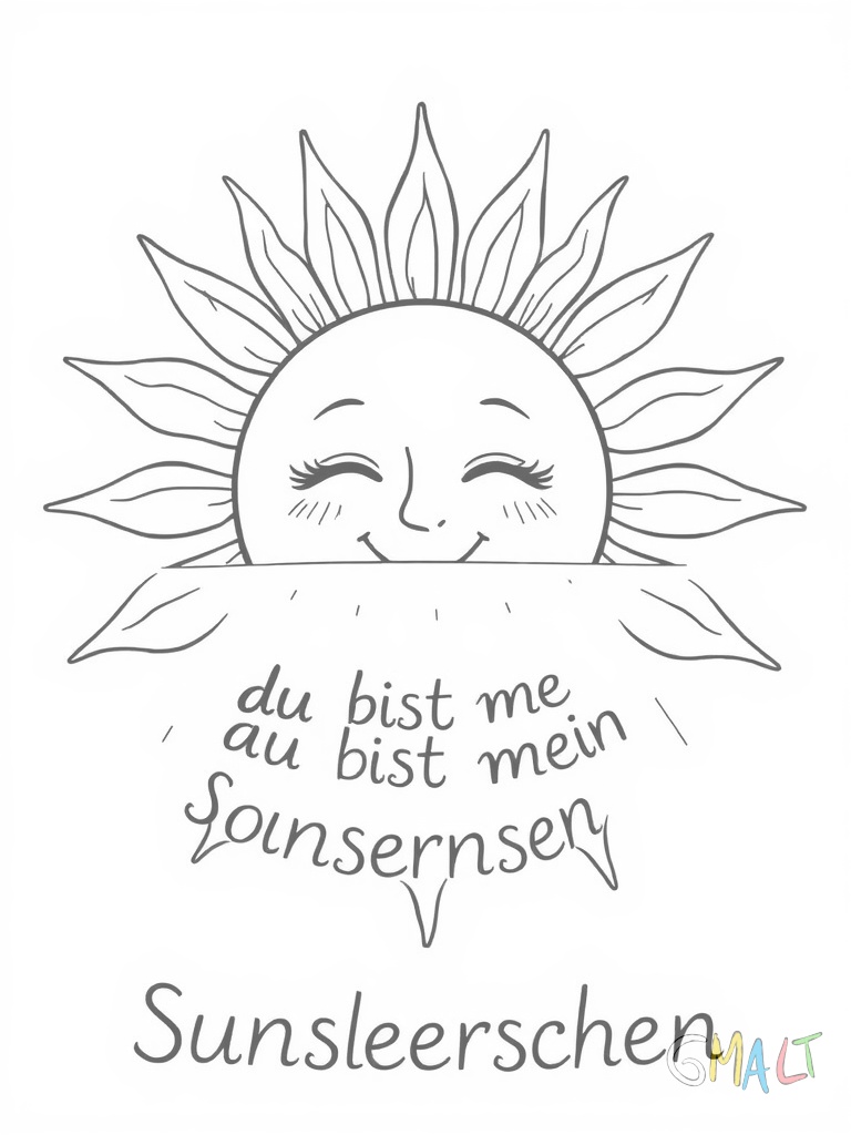 Eine strahlende Sonne mit lächelndem Gesicht nimmt die obere Bildhälfte ein. Darunter steht in Wolkenform geschrieben 'Mama du bist mein Sonnenschein'.
