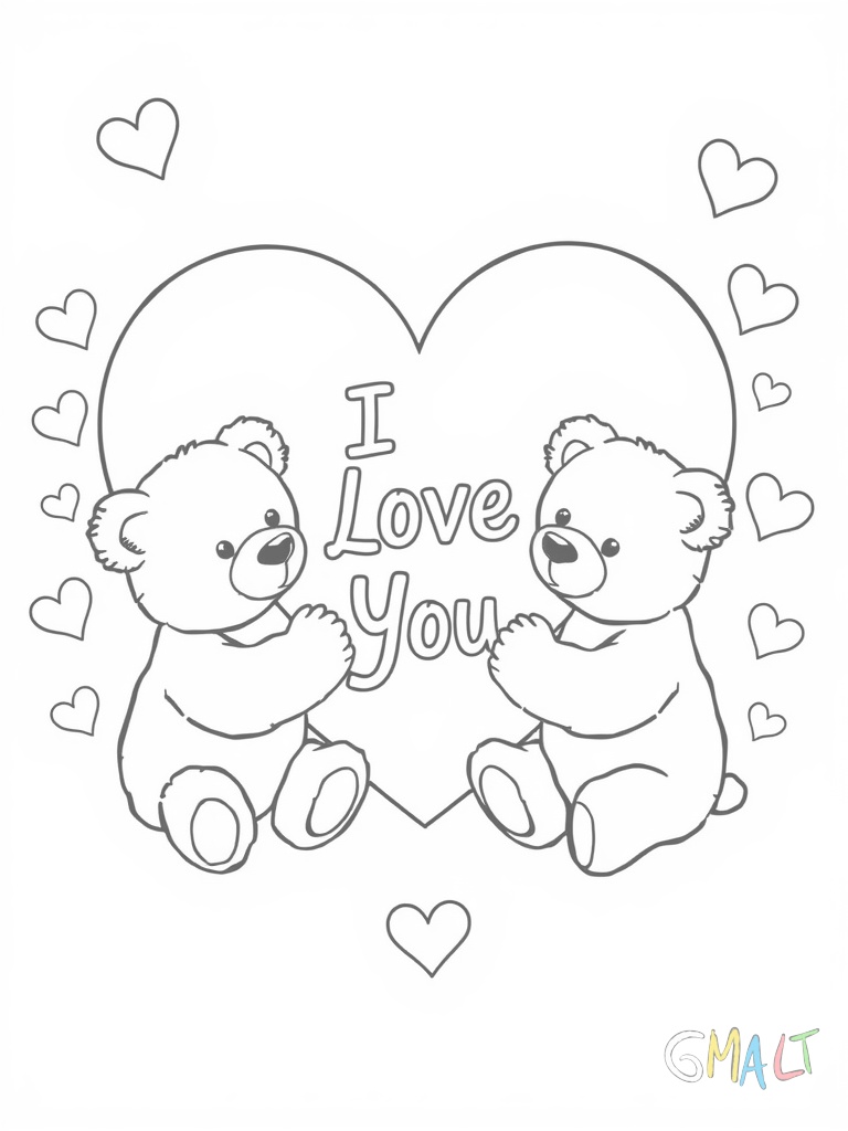 Ein großes Herz in der Bildmitte wird von zwei niedlichen Teddybären umarmt. Die Bären sitzen links und rechts am Herz und halten sich an den Pfoten. Im Herz steht in verspielter Schrift 'I Love You'. Kleine Herzchen schweben um die Szene herum.