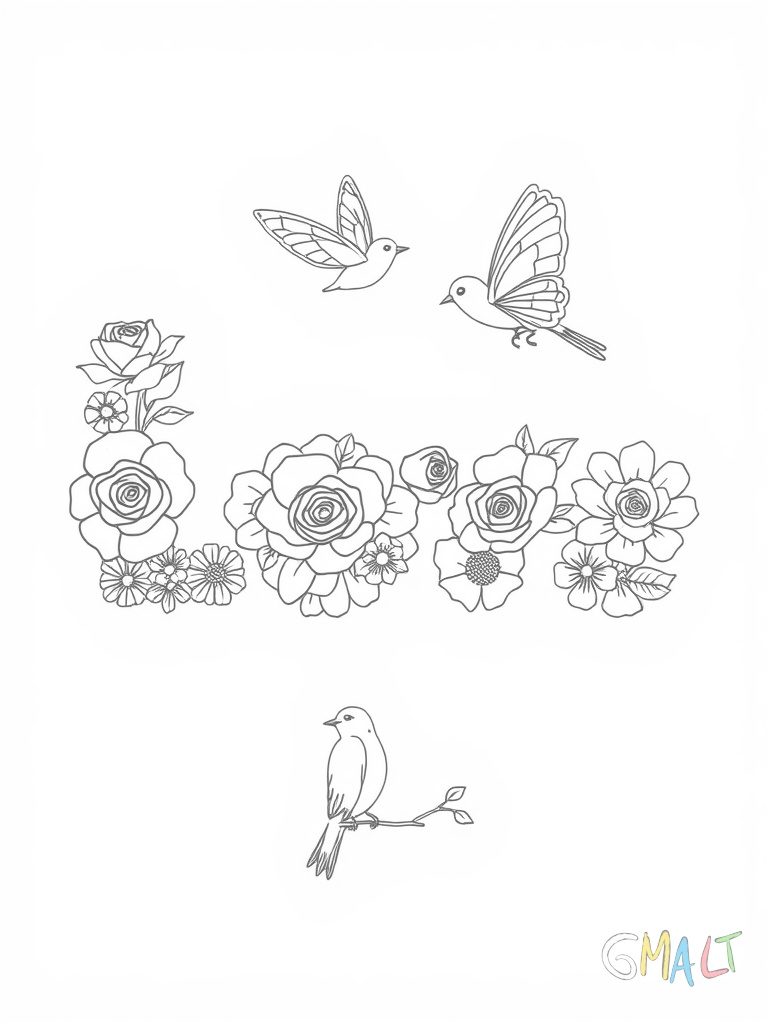 Eine Girlande aus Blumen formt die Worte 'I Love You'. Die Blumen sind abwechselnd Rosen und Gänseblümchen. Zwei Schmetterlinge flattern über den Buchstaben und ein kleiner Käfer krabbelt unten entlang.