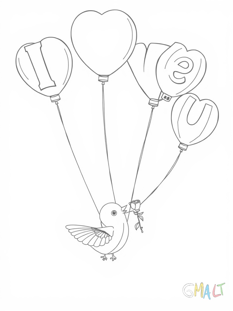 Die Worte 'I Love You' schweben als Luftballons am oberen Bildrand. Jeder Buchstabe ist ein eigener bunter Ballon mit einer Schnur. Ein kleiner Vogel fliegt zwischen den Ballons hindurch und hält eine Rose im Schnabel.
