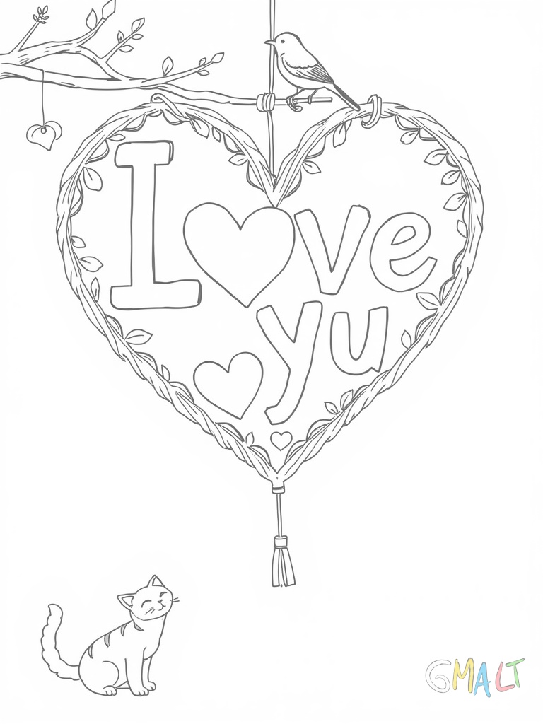 Die Worte 'I Love You' werden von einer Schnur gehalten auf der niedliche Wäscheklammern in Herzform hängen. Eine kleine Katze spielt unten mit dem herabhängenden Ende der Schnur und ein Vogel sitzt oben auf dem 'I'.