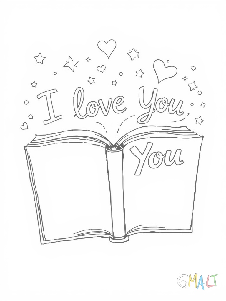 Ein aufgeschlagenes Buch liegt in der Bildmitte. Aus den Seiten steigen die Worte 'I Love You' als Wolken auf. Kleine Sterne umgeben die Wolkenschrift und ein Halbmond lächelt von der oberen rechten Ecke.