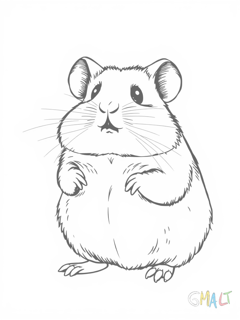 Ein Hamster steht auf zwei Beinen vor seiner Futternapf und inspiziert die Körner darin