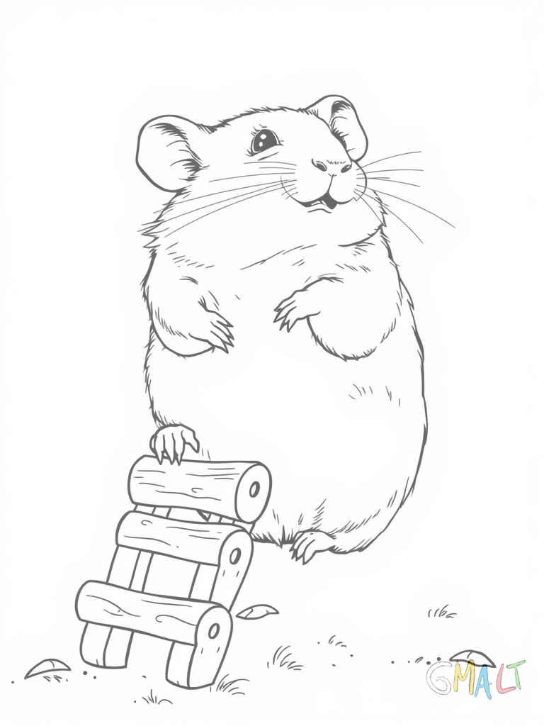 Ein Hamster klettert eine kleine Holzleiter hinauf seine Vorderpfoten greifen die oberste Sprosse