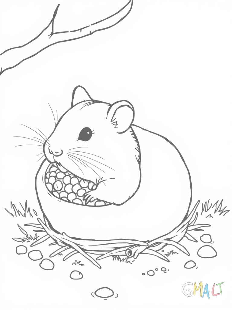 Ein Hamster transportiert Heu in seinen prall gefüllten Backentaschen zum Nest einige Halme schauen noch heraus