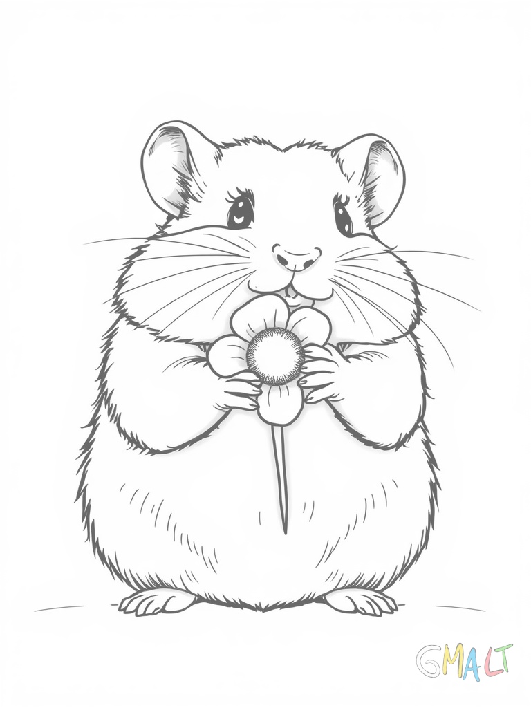 Ein flauschiger Hamster sitzt aufrecht auf seinen Hinterbeinen und hält eine kleine Sonnenblumenkerne in den Vorderpfoten direkt vor seiner Nase