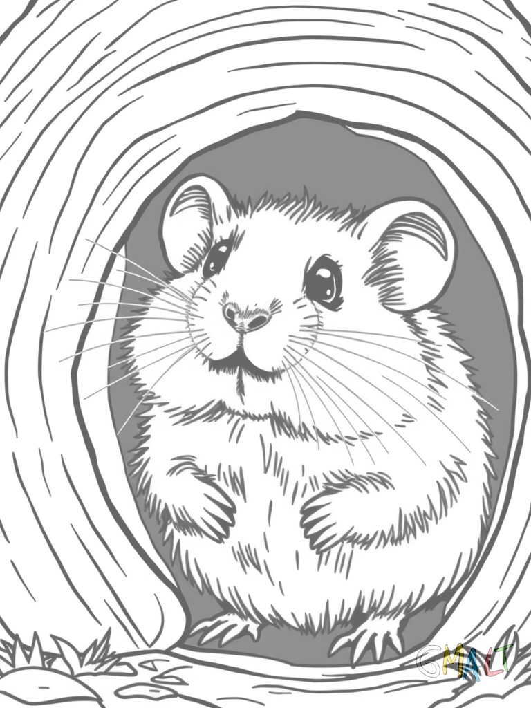 Ein neugieriger Hamster schaut mit seinem Kopf aus einer Holzröhre heraus seine Schnurrhaare sind gut sichtbar
