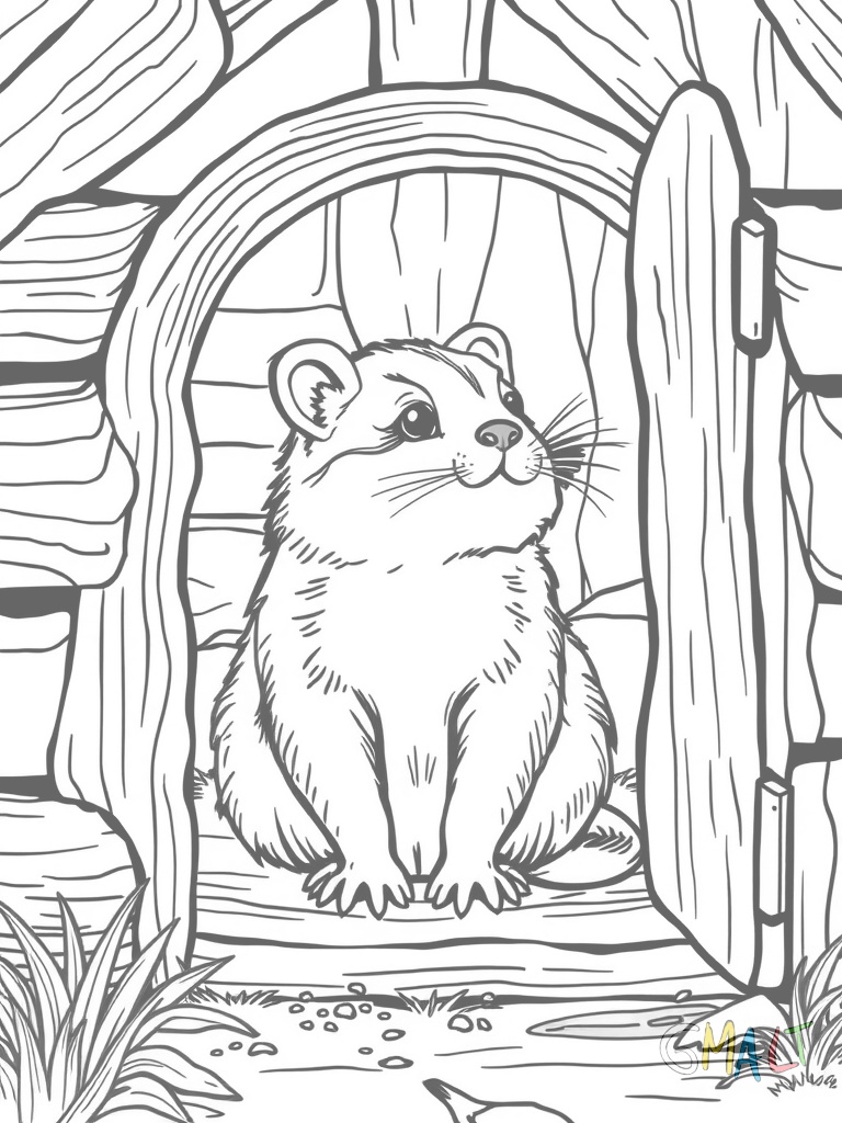 Ein Meerschweinchen sitzt in einer Holzhütte und schaut durch die kleine runde Türöffnung nach draußen
