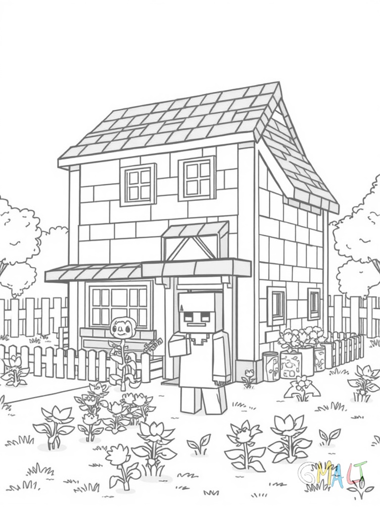 Ein zweistöckiges Farmhaus mit rotem Dach. Ein Zaun umgibt einen Bereich mit Kühen und Schafen. Vor dem Haus steht ein Creeper. Weizenpflanzen wachsen im Garten.
