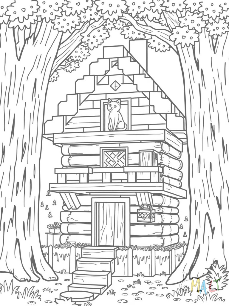 Ein Baumhaus aus Holzblöcken zwischen zwei großen Bäumen. Eine Leiter führt nach oben zum Eingang. Auf der Plattform sitzt eine Minecraft-Katze. Kleine Laternen hängen an den Ecken.