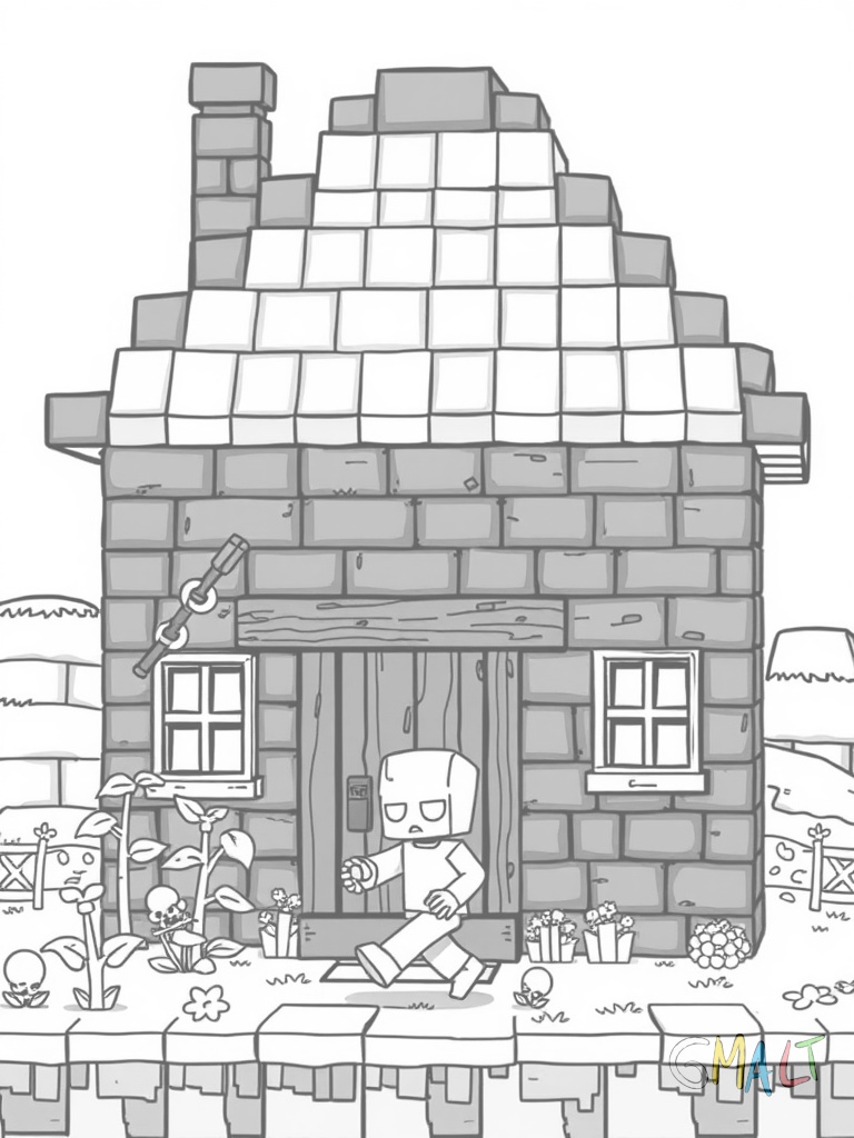 Ein Pilzhaus aus roten und braunen Pilzblöcken. Die Tür ist aus dunklem Holz. Kleine Pilze wachsen um das Haus herum. Ein Baby-Zombie läuft im Vordergrund.