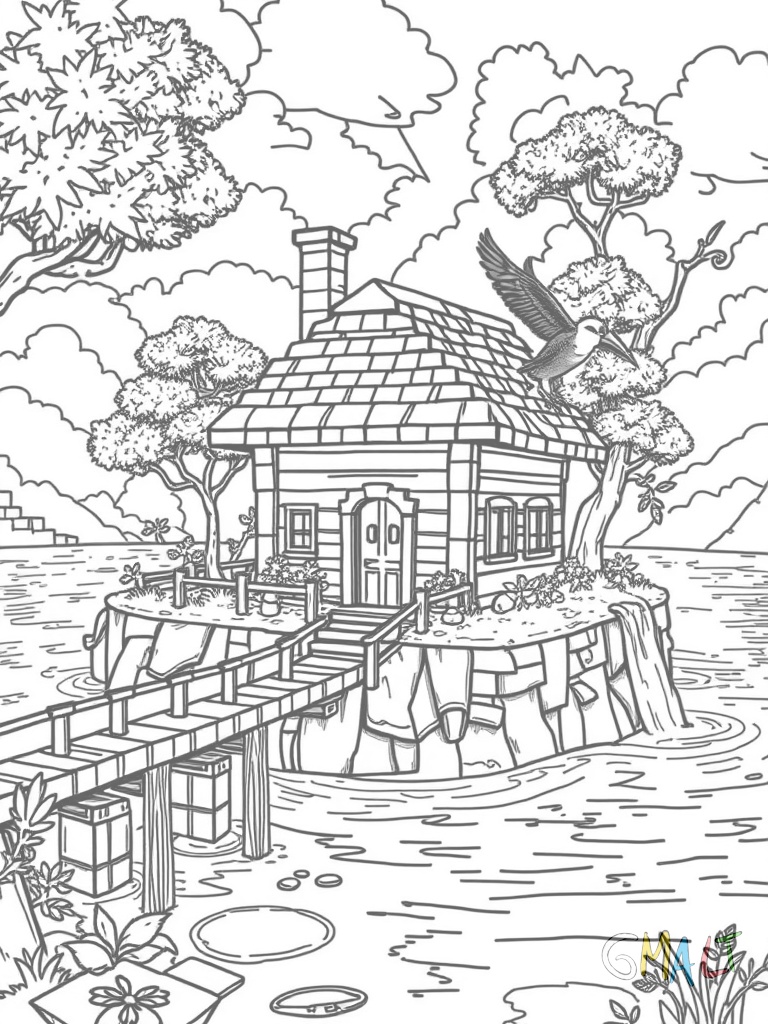 Eine schwimmende Insel mit einem kleinen Cottage. Wasserfälle fließen an den Seiten herab. Eine Regenbogenbrücke führt zum Festland. Ein Papagei sitzt auf dem Dachfirst.