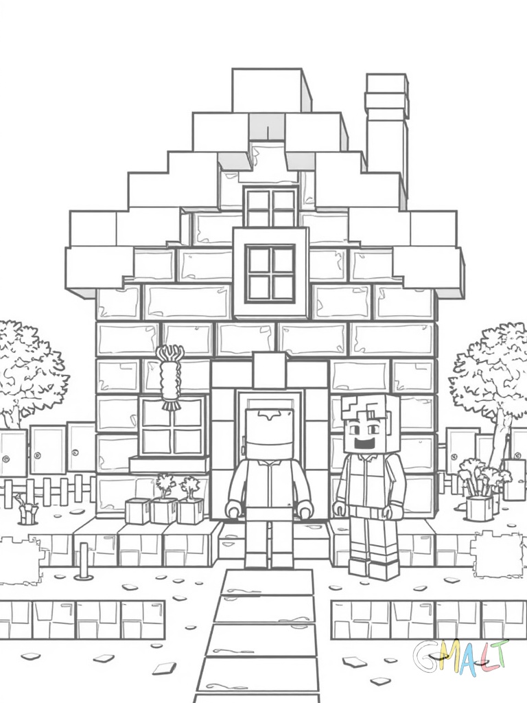 Ein Minecraft-Steinhaus in Würfelform mit flachem Dach. Eine Fackel leuchtet neben der Eisentür. Vor dem Haus steht Steve mit erhobener Spitzhacke. Ein kleiner Garten mit Karotten wächst daneben.