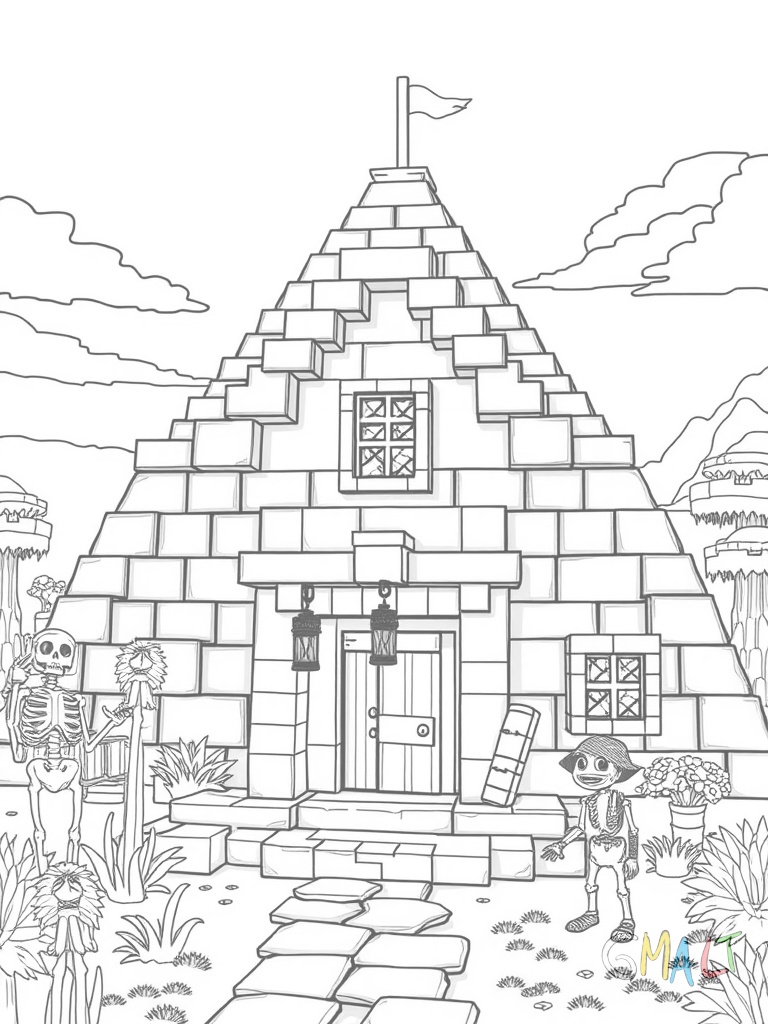 Ein Wüstenhaus aus Sandstein mit flacher Pyramidenform. Kakteen stehen um das Haus herum. Ein Skelett mit Bogen steht in sicherer Entfernung. Eine Fackel beleuchtet den Eingangsbereich.