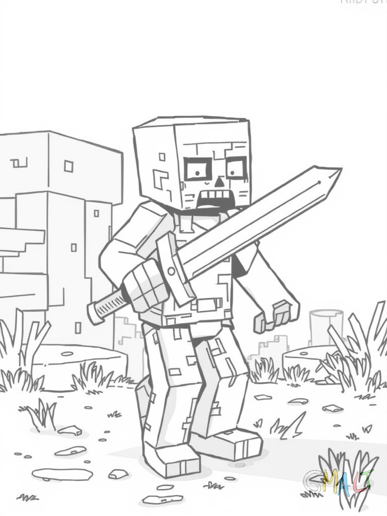 Ein Zombie aus Minecraft läuft nach rechts und verliert dabei sein Eisenschwert das horizontal über seinem Kopf schwebt.