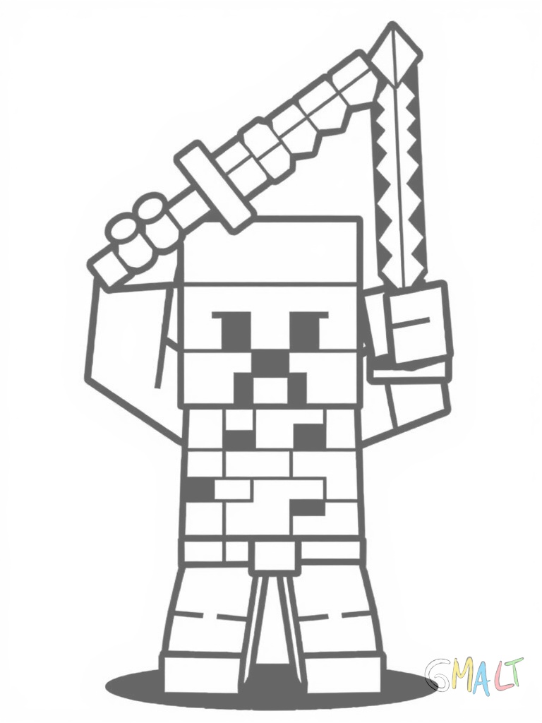 Ein Minecraft Charakter im typischen Block-Design hält ein goldenes Schwert hoch über seinen Kopf. Der Charakter steht in der Bildmitte und das Schwert zeigt diagonal nach oben rechts.