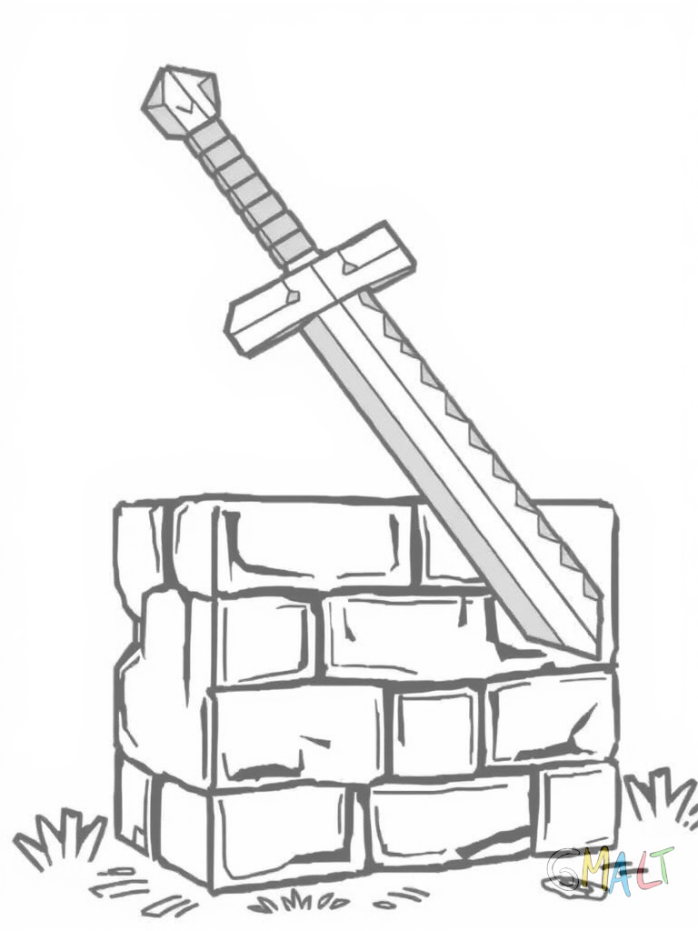Ein Minecraft Steinschwert steckt in einem Steinblock der am unteren Bildrand platziert ist. Das Schwert ragt diagonal nach rechts oben.