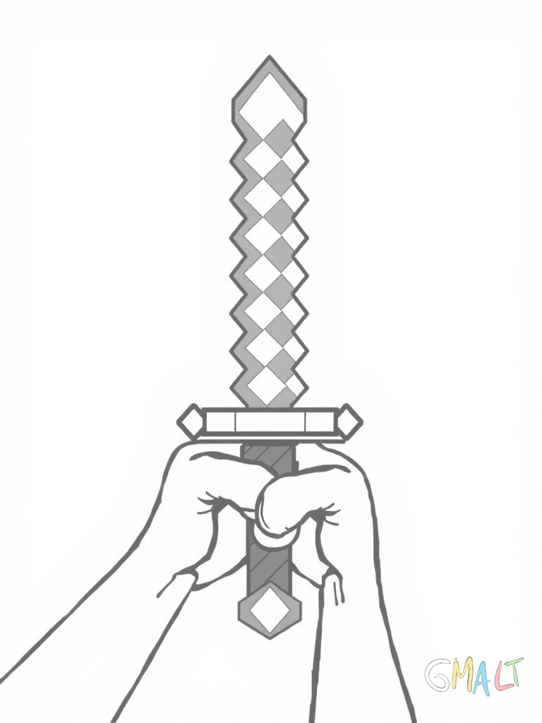 Ein einfaches Minecraft Schwert wird von zwei Händen in Blockform gehalten. Die Hände kommen von unten ins Bild und halten das Schwert waagerecht.