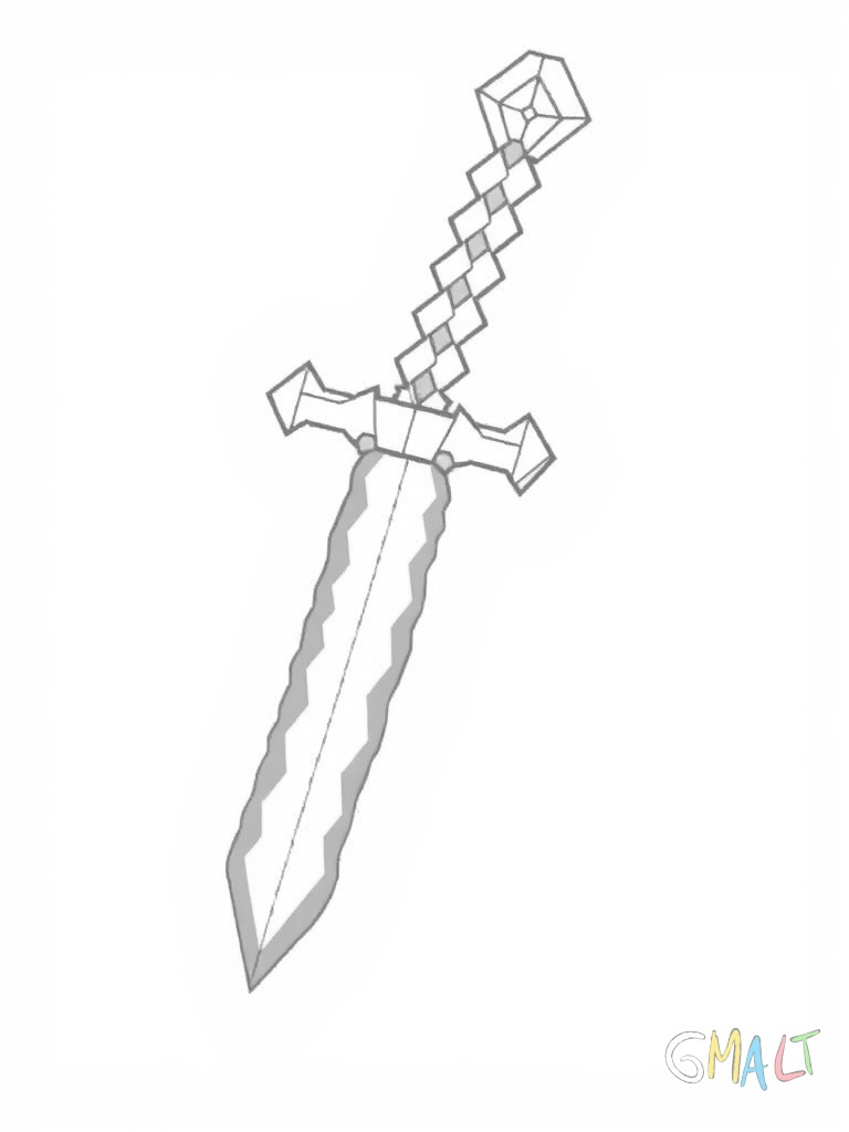 Ein klassisches Minecraft Diamantschwert steht aufrecht in der Bildmitte mit dem Griff nach unten. Das pixelige Schwert nimmt etwa zwei Drittel der Bildhöhe ein und hat die typische blaue Klinge.
