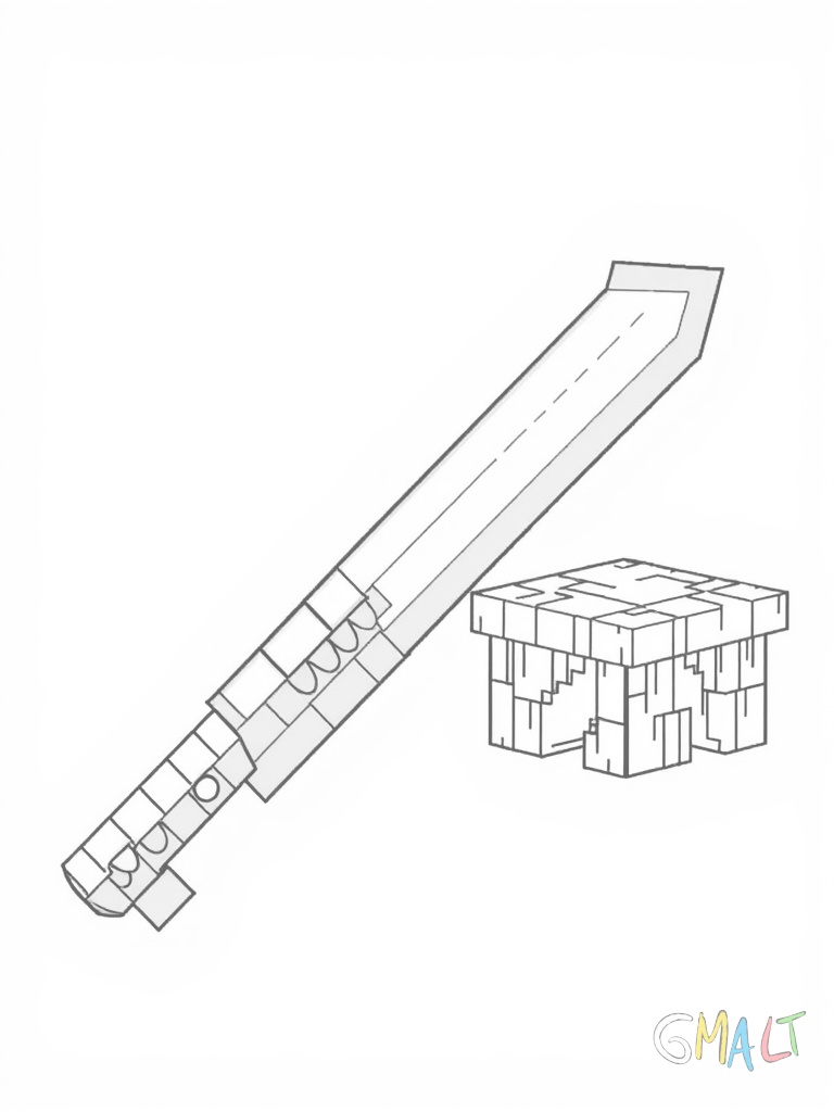 Ein Minecraft Holzschwert liegt horizontal in der Bildmitte. Links neben dem Schwert steht ein Crafting Table in seiner charakteristischen Würfelform.