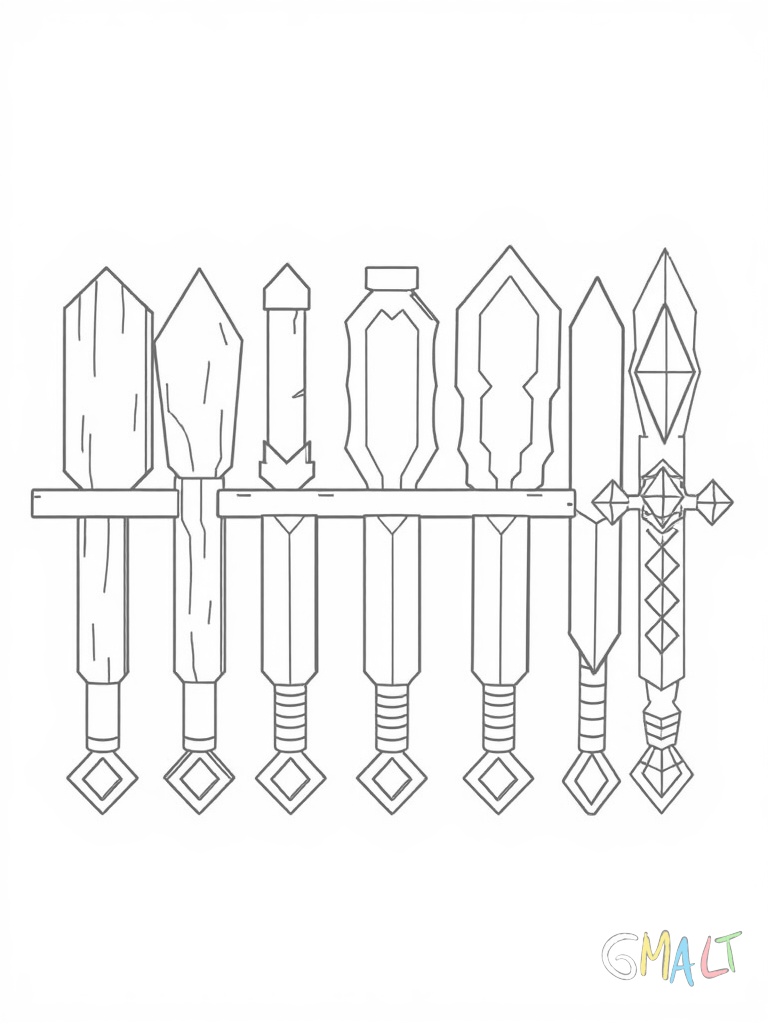 Fünf verschiedene Minecraft Schwerter sind nebeneinander aufgereiht: Holz Stein Eisen Gold und Diamant von links nach rechts. Alle stehen aufrecht und sind gleich groß.