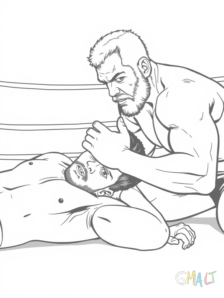 Zwei Wrestler führen einen Armhebel aus. Ein Wrestler liegt am Boden während der andere sein Handgelenk nach hinten biegt. Beide haben konzentrierte Gesichtsausdrücke. Der Ringboden ist durch einfache Linien angedeutet.