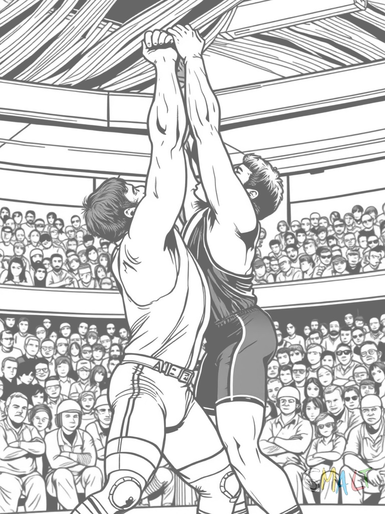 Ein Wrestler hebt seinen Gegner hoch über den Kopf. Der gehobene Wrestler streckt die Arme seitlich aus. Beide tragen Wrestling-Masken und sind muskulös gebaut. Im Hintergrund sind Zuschauerreihen angedeutet.