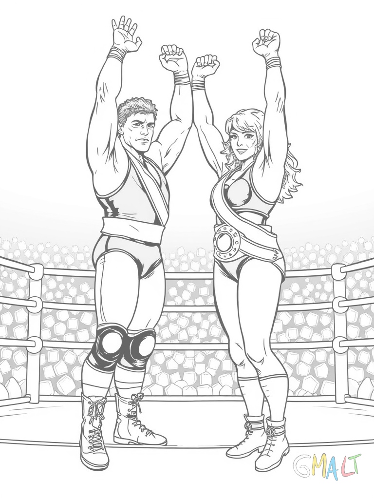 Zwei Wrestler stehen auf den gegenüberliegenden Seilen des Rings. Beide haben die Arme in Siegerpose nach oben gestreckt. Ihre Kostüme flattern und sie tragen glänzende Meistergürtel um die Hüften.
