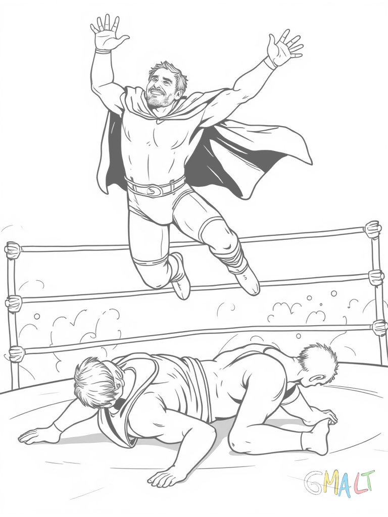 Ein Wrestler springt mit ausgestreckten Armen von der obersten Seilleine. Unter ihm liegt sein Gegner ausgestreckt auf der Matte. Die Ringseile sind gespannt und der springende Wrestler trägt ein Kostüm mit Cape.