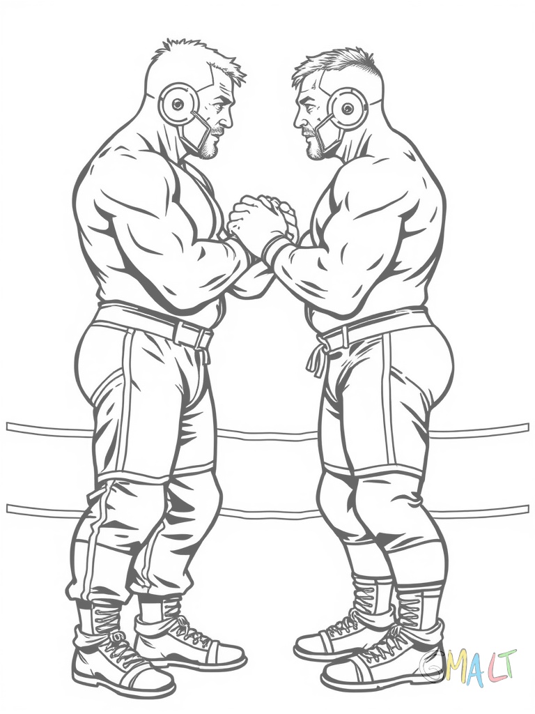 Zwei Wrestler stehen sich gegenüber und halten sich gegenseitig an den Schultern fest. Beide tragen Ringerhosen und haben eine breite sportliche Statur. Links steht die Ring-Ecke mit den typischen Seilen.
